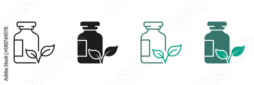 Herbal Medicine Line and Silhouette Icon Set. Pharmaceutical Organic Ingredient in Bottle Pictogram Collection. Medical Product Black and Color Symbol Collection. Isolated Vector Illustration