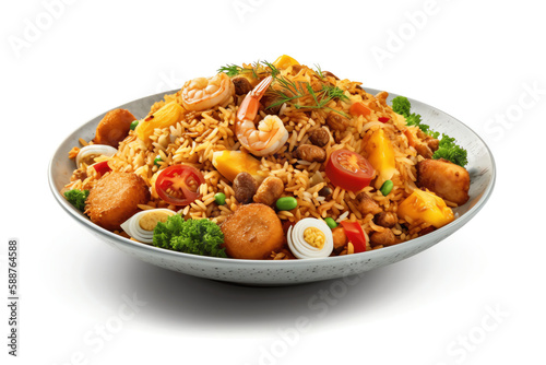 A plate of spicy nasi goreng, isolated white object. generative AI