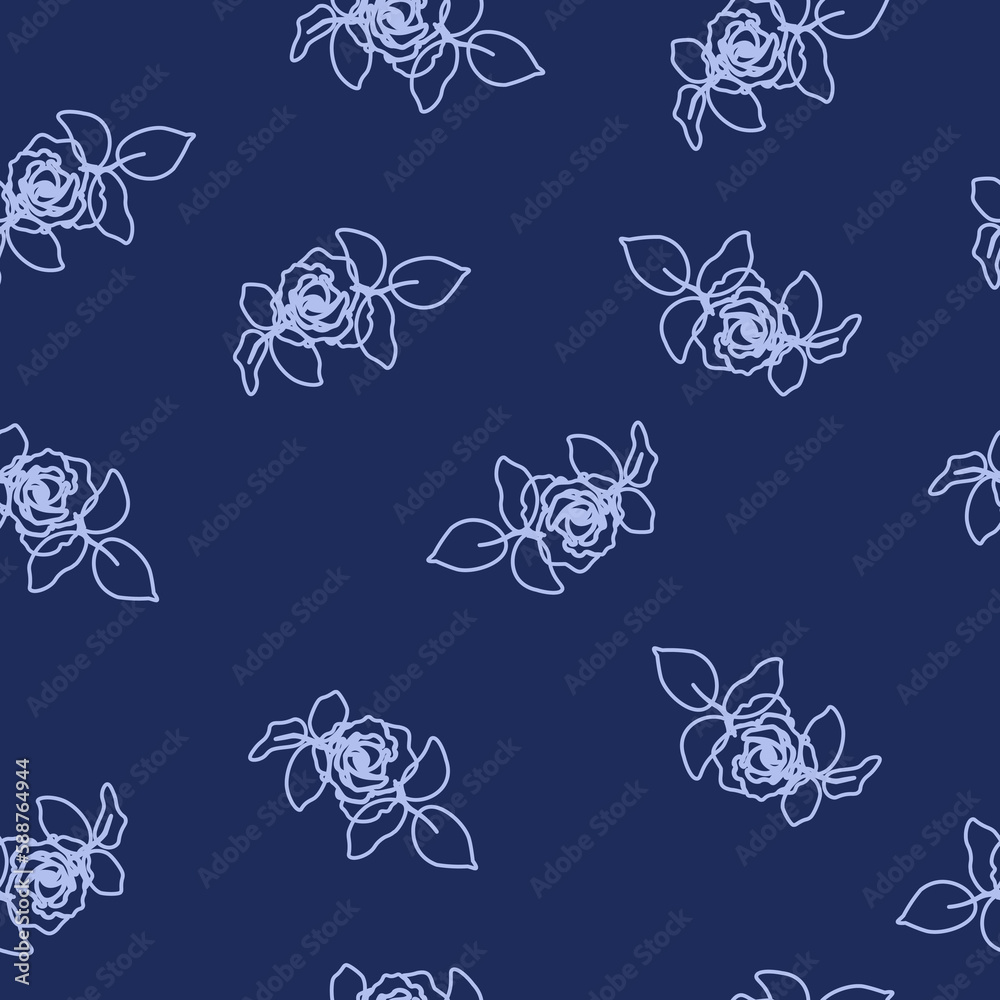 Seamless pattern contours roses with leaves on dark blue background, vector eps 10