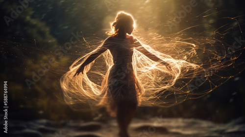 Ethereal woman dancing in nature with light trails. Generative Ai. photo