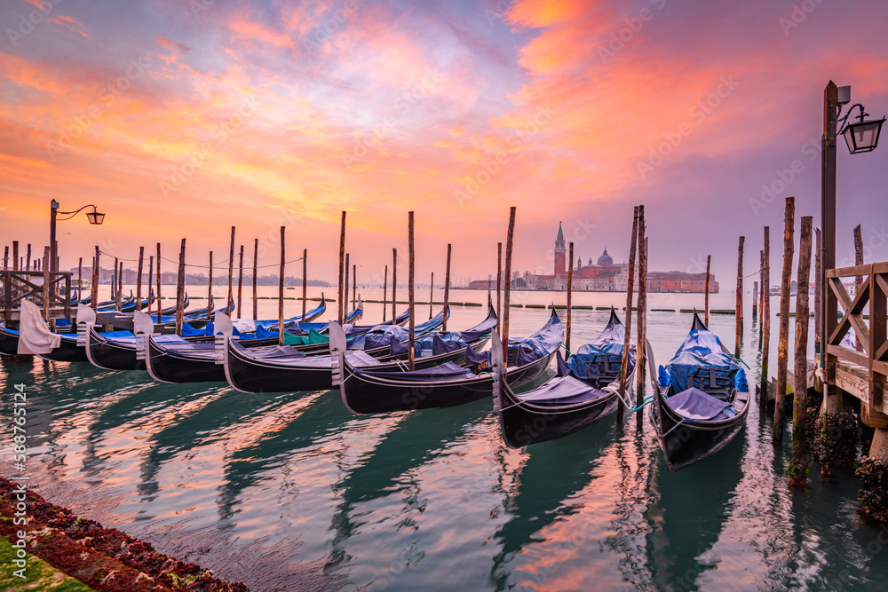 Gondolas in Venice, Italy at dawn on the Grand Canal