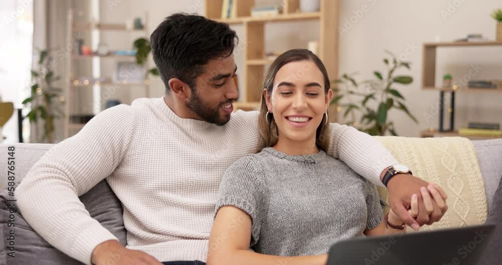 Laptop, relax and couple on sofa, happy and enjoy subscription or streaming service in their home. Love, smile and man and woman embrace while resting and watch online entertrainment in living room Laptop, relax and couple on sofa, happy and enjoy subscription or streaming service in their home. Love, smile and man and woman embrace while resting and watch online entertrainment in living room