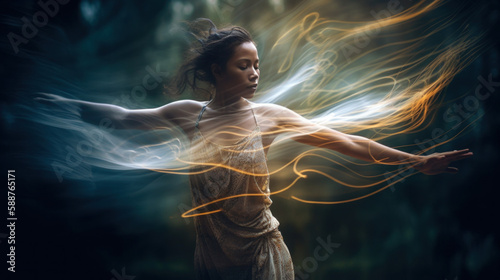 Ethereal woman dancing in nature with light trails. Generative Ai. photo