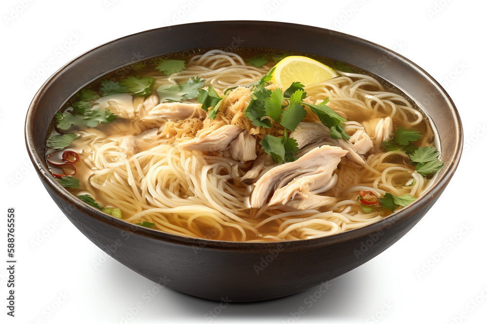 A steaming bowl of soto ayam, isolated white object. generative AI A steaming bowl of soto ayam, isolated white object. generative AI