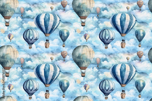 children background with seamless pattern with balloons flying in sky in clouds. Generative AI
