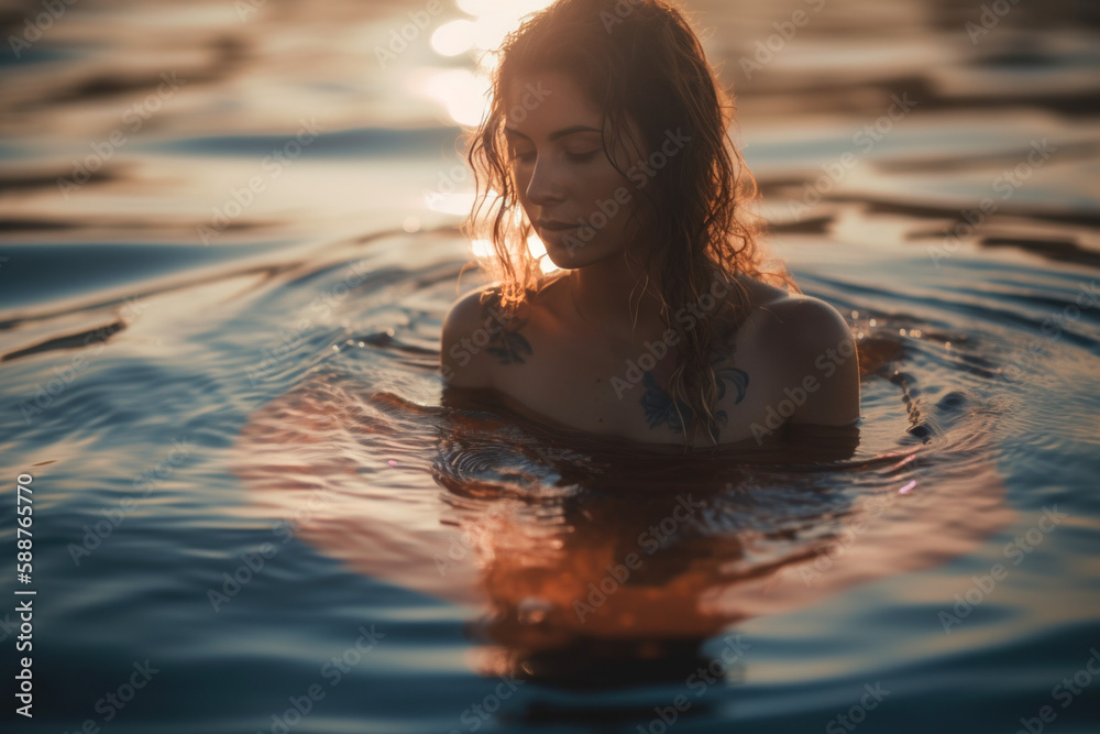 woman with partially submerged in water at sunset. Beautiful and calm, thoughtful and peaceful. Generative Ai.