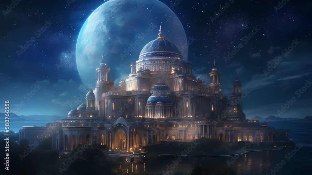 Obraz premium awe-inspiring view of a cosmic mosque. digital art illustration. generative AI