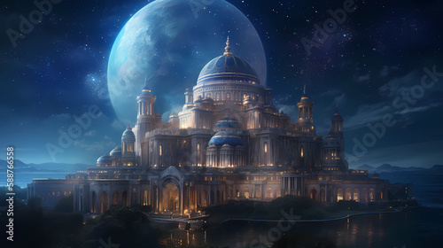awe-inspiring view of a cosmic mosque. digital art illustration. generative AI