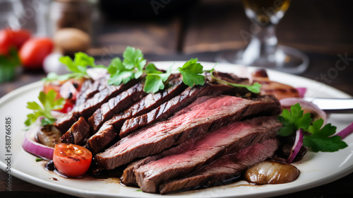 AI生成によるジューシーなステーキ、肉料理、スパイス、ハーブ、フレッシュな野菜、レア、Generative AI