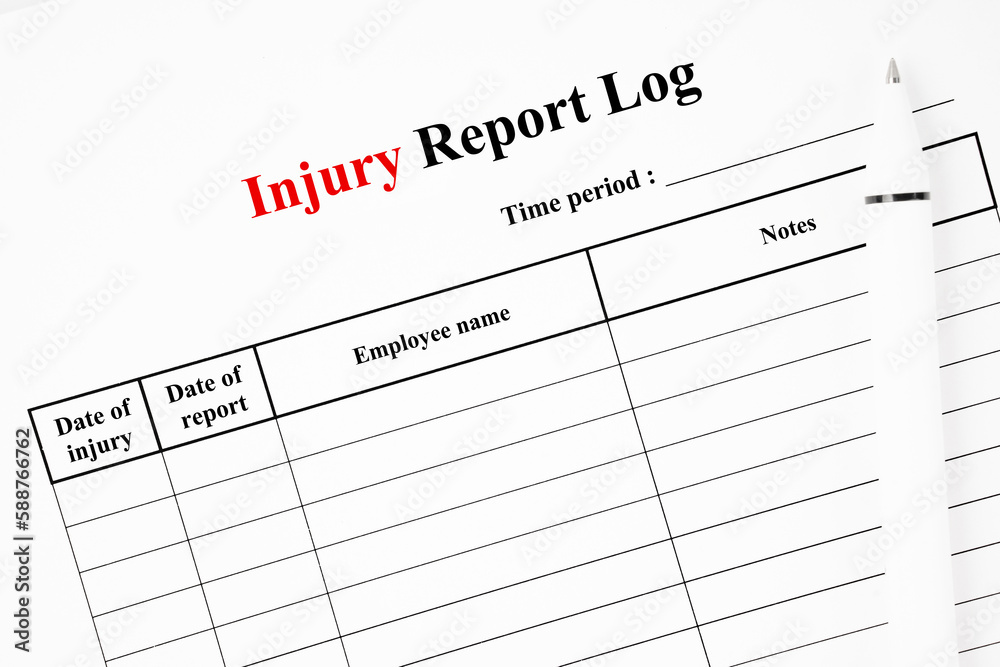 The blank Workplace Injury Report Log with pen. The blank Workplace Injury Report Log with pen.