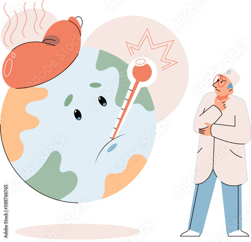 Global warming metaphor concept. Scientist studies problem of rising temperatures on planet Earth. Makes analysis of ecology and environment. Scientific research on climate change, environmental tests