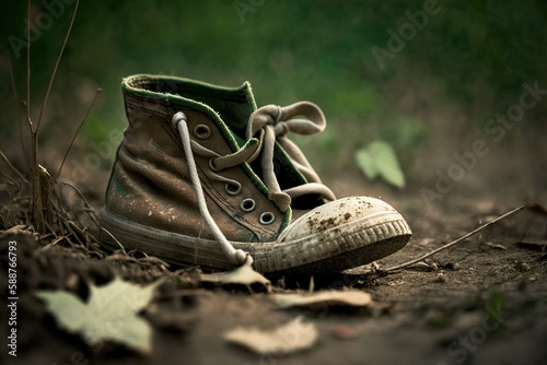 A dirty old kid shoe is leaved on the dirt ground, The accident concept scene. Generative Ai image. photo