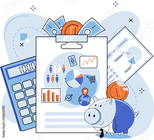 Income information in financial report with charts, business profitability indicator, entrepreneurial activity and accounting. Registration of claim form document, providing personal information