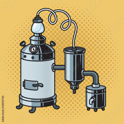 alcohol mashine moonshine still pinup pop art retro vector illustration. Comic book style imitation.
