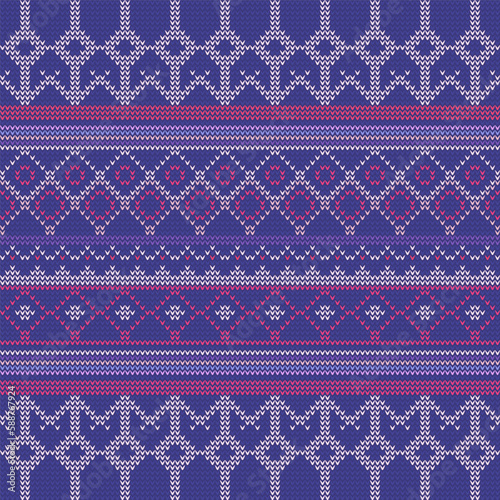 Traditional knitted pattern with ornament. Seamless knitted design. Woolen pullover texture. Geometric background. Winter holiday seamless knitted pattern. Traditional sweater knitting design.