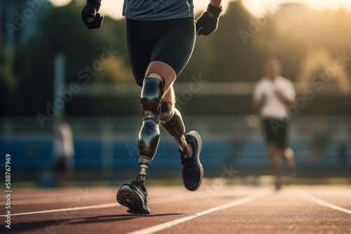 Man or athlete in prosthetics running in stadium. A sportsman with prosthetic legs takes part in a running competition. Rehabilitation concept.