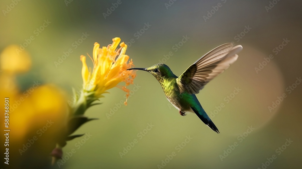 Fototapeta premium a hummingbird flying through the air while perched on a yellow flower