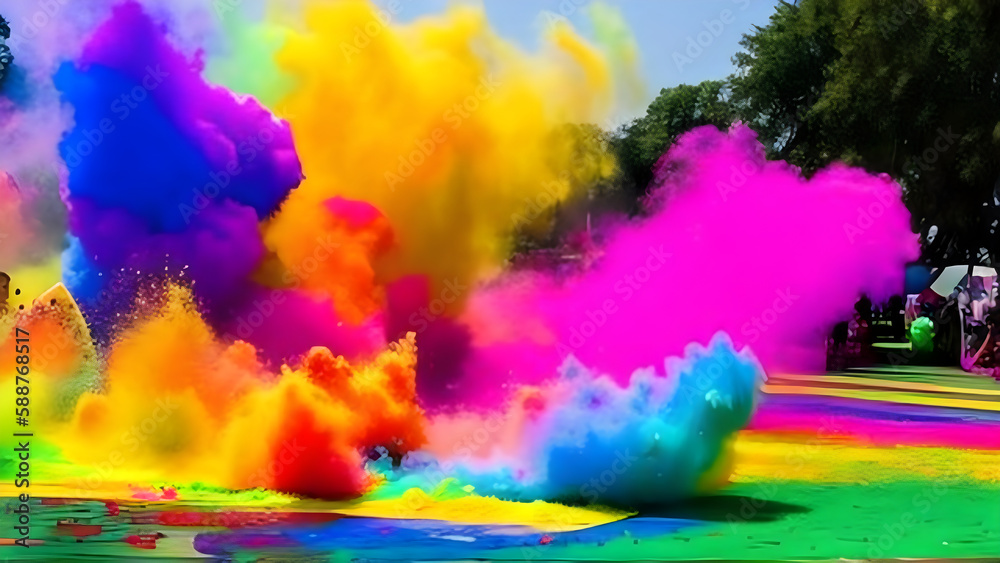 Fototapeta premium The explosion of colored powder is isolated on a natural background. Abstract colored background - AI Generative
