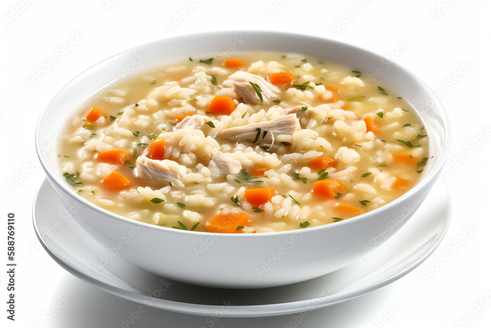 comforting chicken and rice soup, isolated white object. generative AI