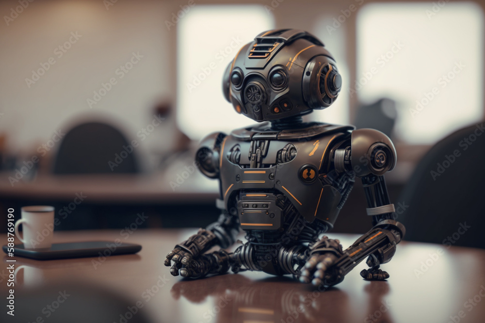 Mini toy robot on the table. Robots are automatic mechanisms that use ...