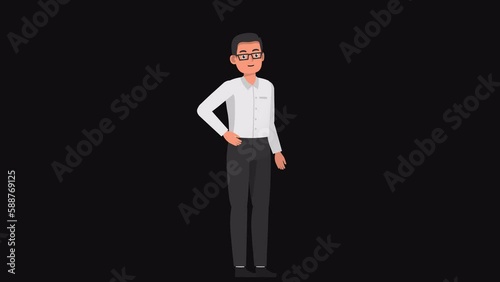High resolution 2d cartoon male character in formal outfit talking on alpha channel background in seamless loop.