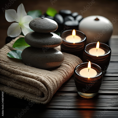 Spa Massage basalt stones with candles, lotus flowers, orchid flower and towels on bamboo mat. Generative AI.