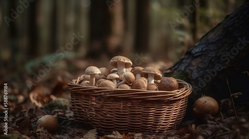 basket with porcini mushrooms on the background of the forest, picking mushrooms. AI generated