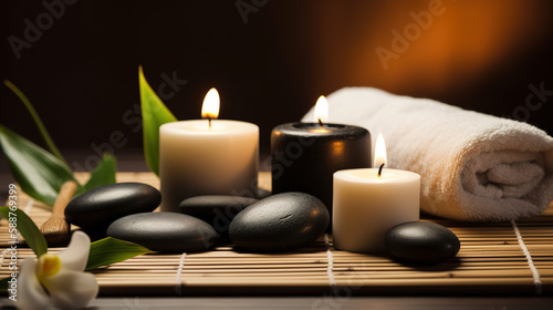 Spa Massage basalt stones with candles, lotus flowers, orchid flower and towels on bamboo mat. Generative AI.