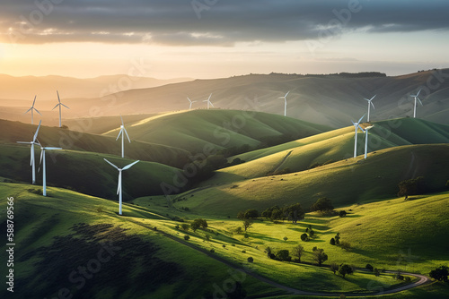 A wind turbine farm generating renewable green energy in a picturesque natural environment, contributing to sustainable development and eco friendly industries. Generative AI