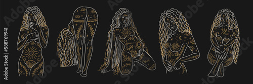 woman contour astrology, goddess of female power. zodiac signs, tarot cards, fortune-telling and predictions, forecast