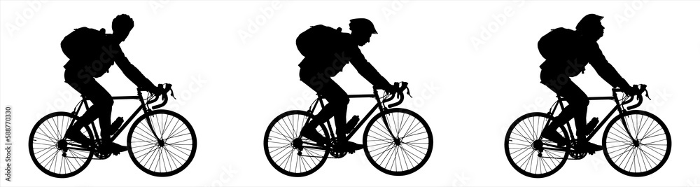 A guy in a sports protective helmet rides a bicycle with a large tourist backpack on his back. Competitions. A group of cyclists. Cycling. Side view. Three silhouettes in black color isolated on white A guy in a sports protective helmet rides a bicycle with a large tourist backpack on his back. Competitions. A group of cyclists. Cycling. Side view. Three silhouettes in black color isolated on white
