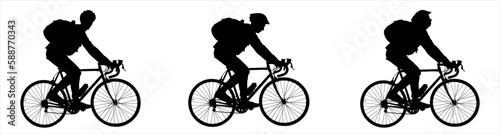 A guy in a sports protective helmet rides a bicycle with a large tourist backpack on his back. Competitions. A group of cyclists. Cycling. Side view. Three silhouettes in black color isolated on white