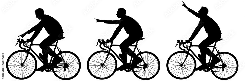 Naklejka premium The guy is riding a bike. A man shows with his hand the direction down, forward, up. Search for the route of the cyclist. Sports walk. Side view, profile. Black silhouette isolated on white background