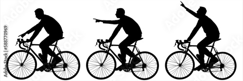 Fototapeta Naklejka Na Ścianę i Meble -  The guy is riding a bike. A man shows with his hand the direction down, forward, up. Search for the route of the cyclist. Sports walk. Side view, profile. Black silhouette isolated on white background