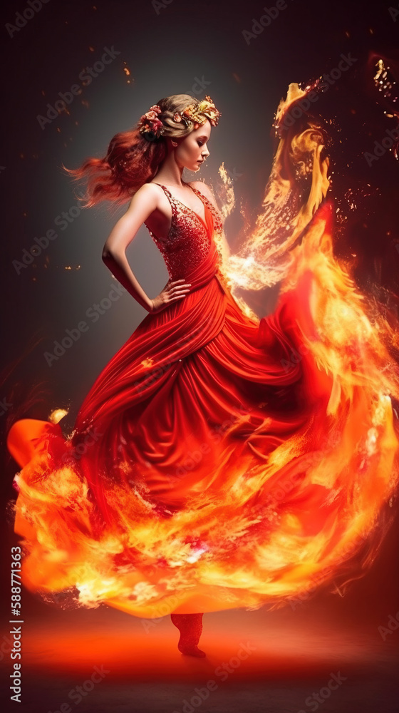 Beautiful woman dancing  in red dress set on fire. Generative Ai Illustration