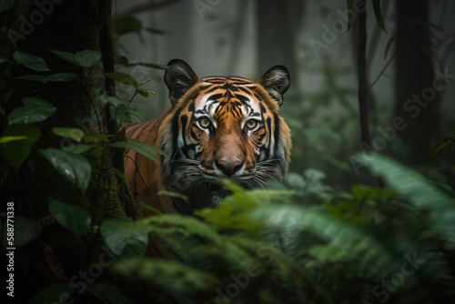 Tiger lurking in the woods, Generative AI Illustration © IBEX.Media