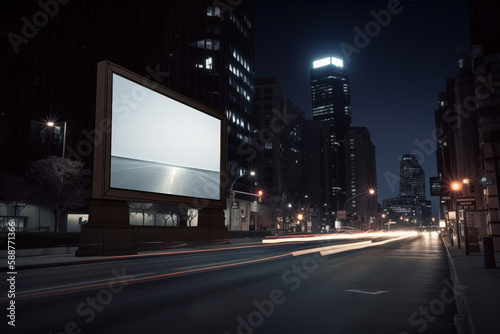 Blank billboard on city street at night, Generative AI Illustration