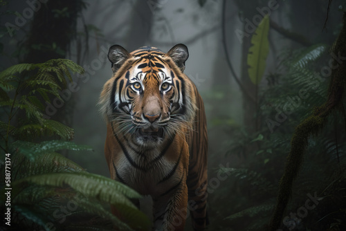 Tiger portrait in the woods, Generative AI illustration