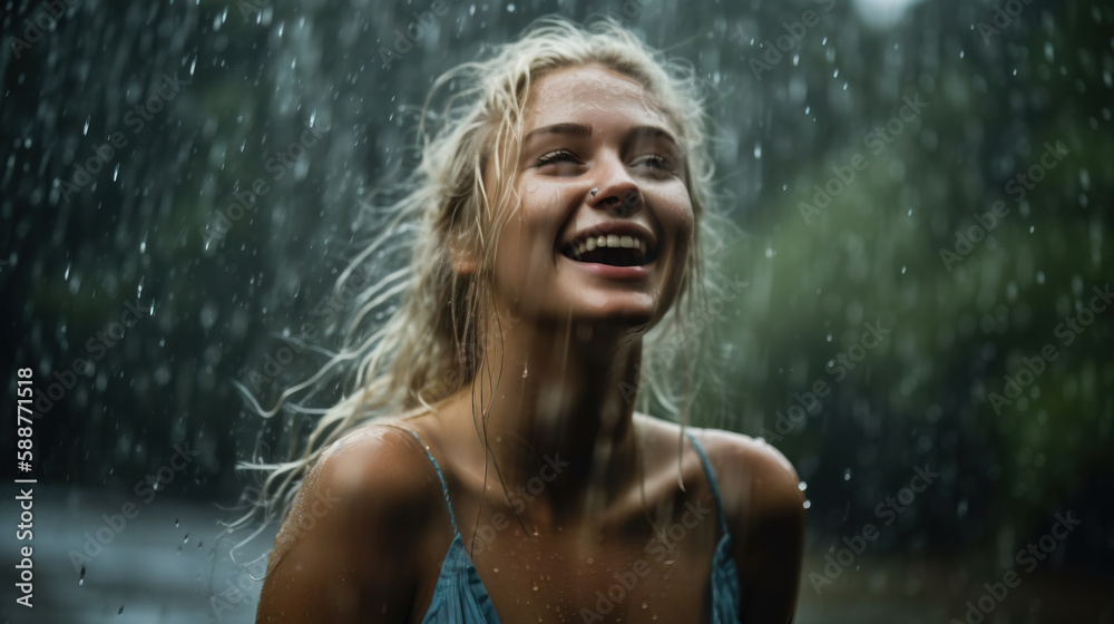 Smiling young woman standing outside in the pouring rain, Generative AI Illustration