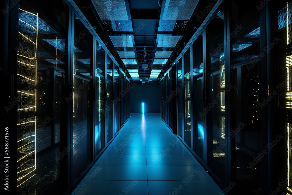A server room filled with rows of storage systems and tech equipment, serving as the backbone of the global internet network and connecting businesses worldwide. Generative AI A server room filled with rows of storage systems and tech equipment, serving as the backbone of the global internet network and connecting businesses worldwide. Generative AI