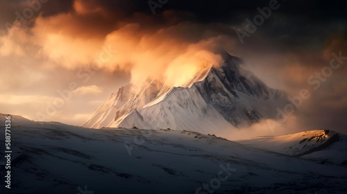 CAptivating scenery with mountain at sunset, Generative AI illustration