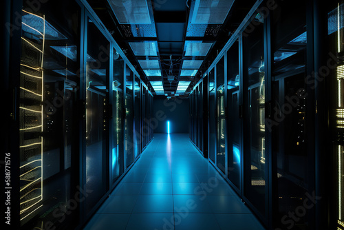 A server room filled with rows of storage systems and tech equipment, serving as the backbone of the global internet network and connecting businesses worldwide. Generative AI