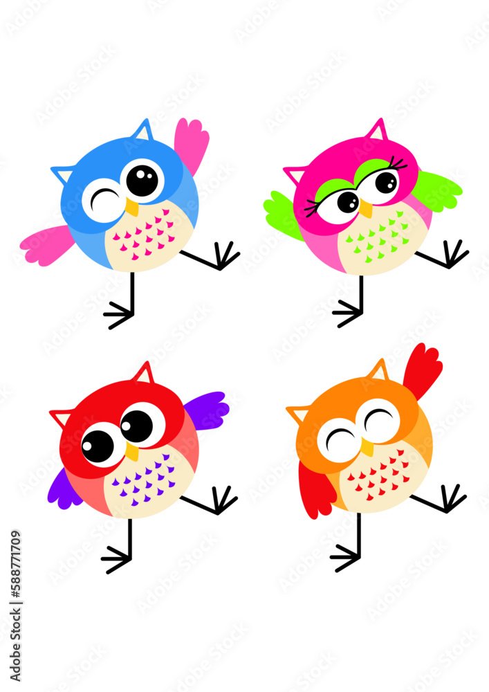 Set of four funny colored owls