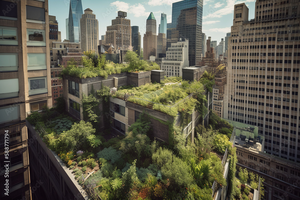 Obraz premium The transformation of a concrete jungle into a lush oasis where massive vertical gardens are incorporated into the city's architecture. The intersection of nature and urban living, generative AI