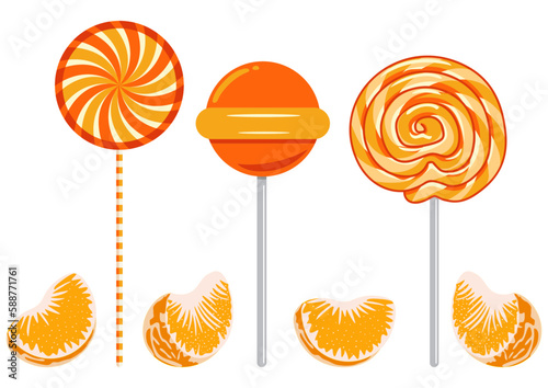 Set of three delicious orange lollipops
