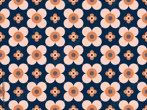 Retro simple floral geometric pattern texture, modern cute daisy flowers graphic on blue background