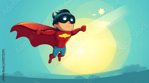 Cartoon super hero in the sky. Generative AI photo