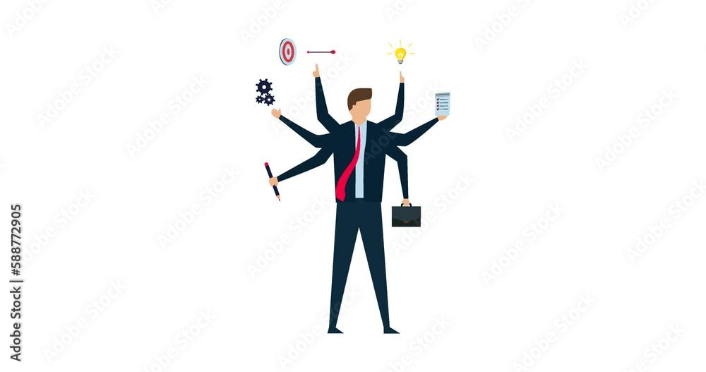 4k animation of Work productivity and efficiency, smart businessman with multi hands with productive tools calendar, alarm clock, pencil, target arrow, and bulb. 4k animation of Work productivity and efficiency, smart businessman with multi hands with productive tools calendar, alarm clock, pencil, target arrow, and bulb.