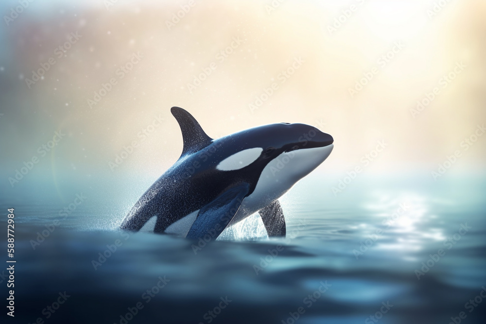 Fototapeta premium Leaping Orca: Majestic Killer Whale in Full Flight