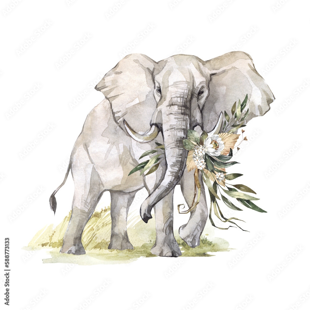 Watercolor elephant with flowers on grass. African animlas clipart. World Zoo nature illustration for kids products. World fauna and flora. Hand drawn wild animal with tropical bouquet print on